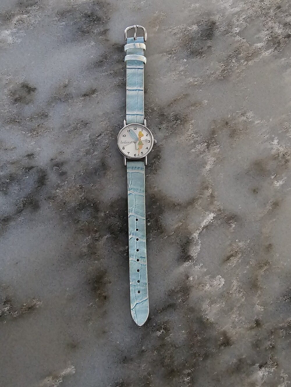 Disney Tinkerbell Watch Believe Light Blue Faux Croc Band NEW BATTERY WORKS
